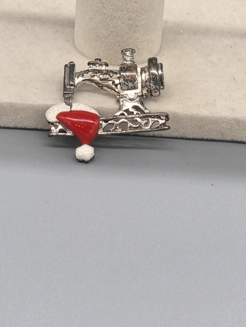 Vintage Danecraft Silver Tone Sewing Machine Pin with Red Santa Hat Accent